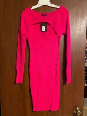 Fashion Nova Neon Pink Ribbed Long Sleeve Cutout Bodycon Dress